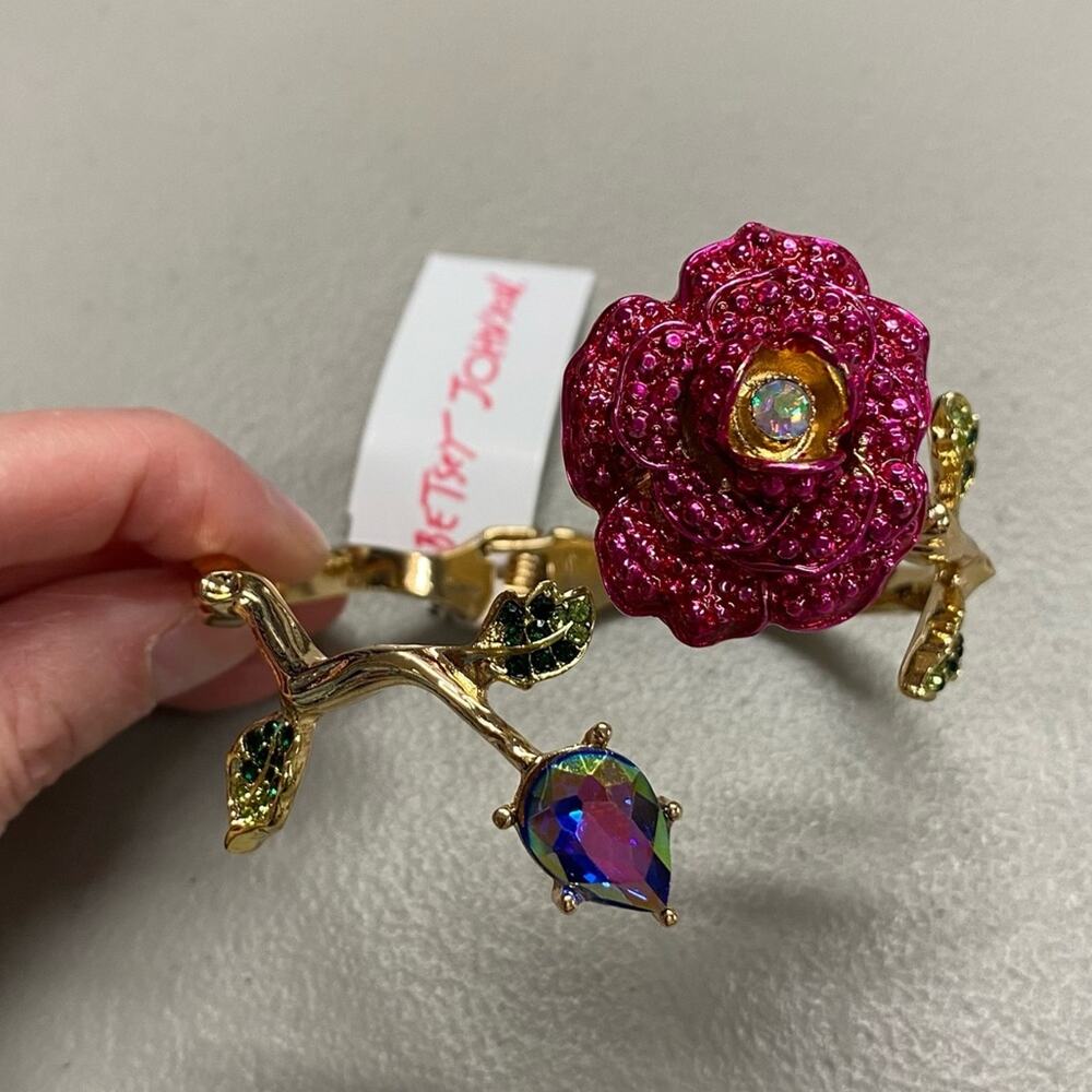 Betsey Johnson Cuff Bracelet Floral Rhinestones Rose Flower Goldtone Jewelry NWT